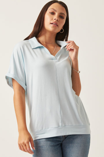HK1062 Light Blue Womens Soft Knit Open Collar Dolman Sleeve Shirt Full Body